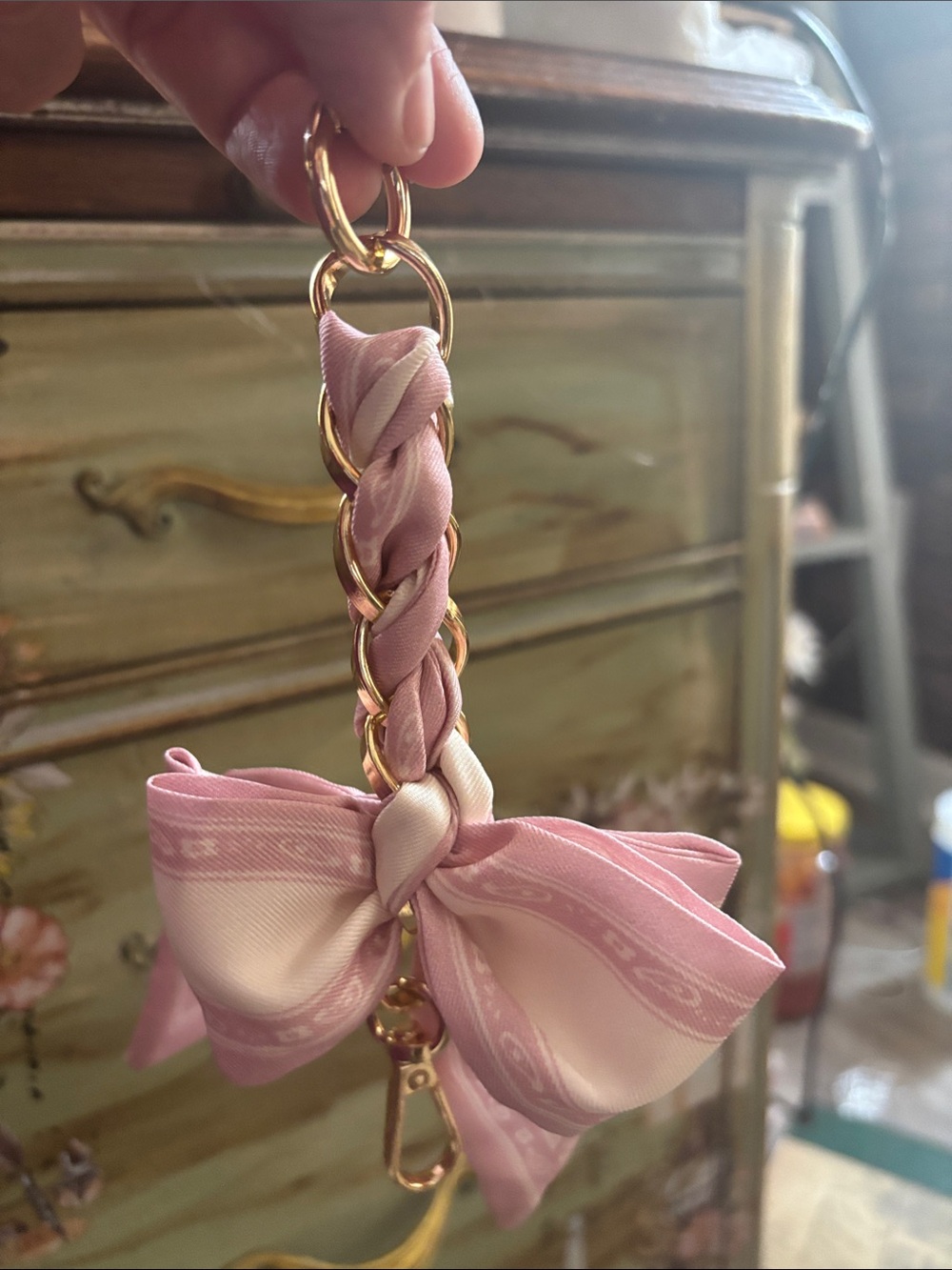 Pink Braided Scarf Purse extender or Keychain with Bow - Women's Accessory